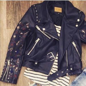 Vegan leather embroidered biker jacket